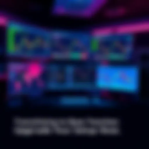 A modern trading setup showing multiple screens displaying graphs and data for Base Trenches