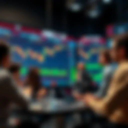 A group of people engaged in a discussion about trading strategies and market trends, with charts and graphs on a screen in the background.