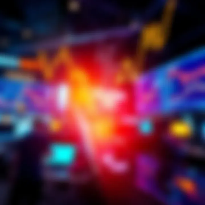 A graph showing fluctuating prices of tokens with a backdrop of financial news headlines and traders analyzing data on screens.