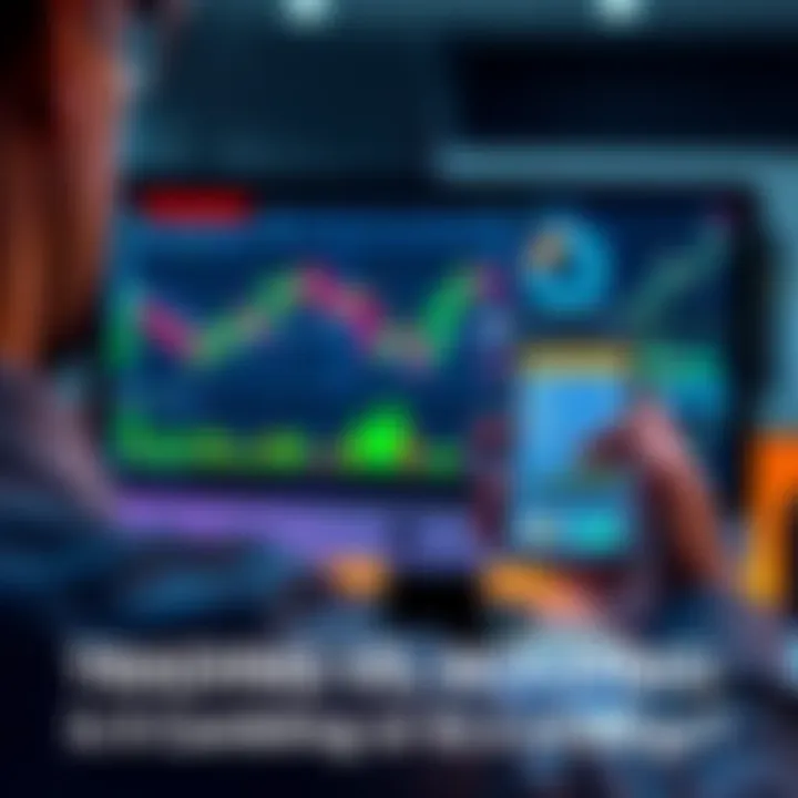 A person analyzing trading charts on a computer screen while holding a smartphone showing cryptocurrency prices, symbolizing the debate between trading and holding.