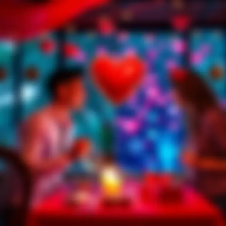 A side-by-side comparison of a romantic dinner and a digital date with virtual gifts on a screen, symbolizing traditional and crypto Valentine's Day experiences.