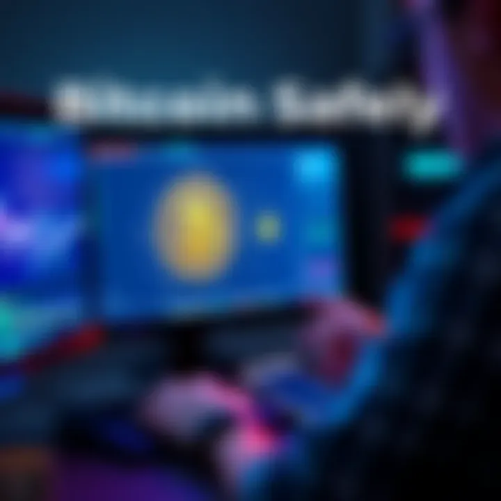 A person using a computer to transfer Bitcoin with a wallet app, showing a secure connection.