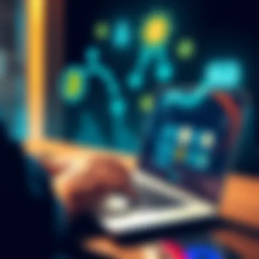 A person using a laptop to transfer cryptocurrency from Binance to Kraken, with visuals of cryptocurrency icons and money flow arrows.