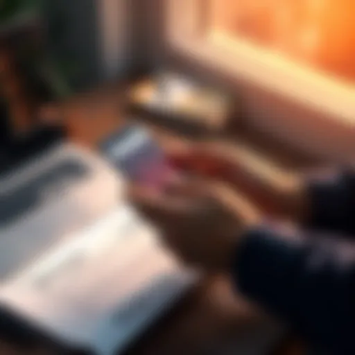 A person using a smartphone to transfer money to a bank account with a laptop and financial documents nearby.