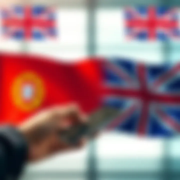 A person using a smartphone to transfer money online, with flags of Portugal and the UK in the background