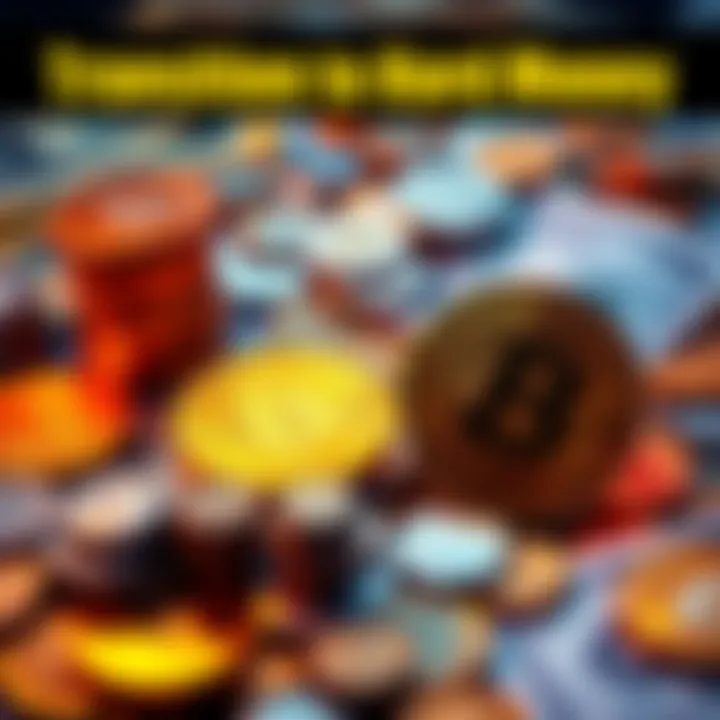 Transition to Hard Money A visual representation of coins and cash transitioning into gold and Bitcoin, symbolizing a shift in economic standards.