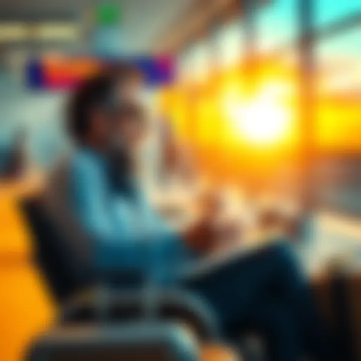 A traveler discussing their experience with travel and emergency medical insurance while sitting at an airport.