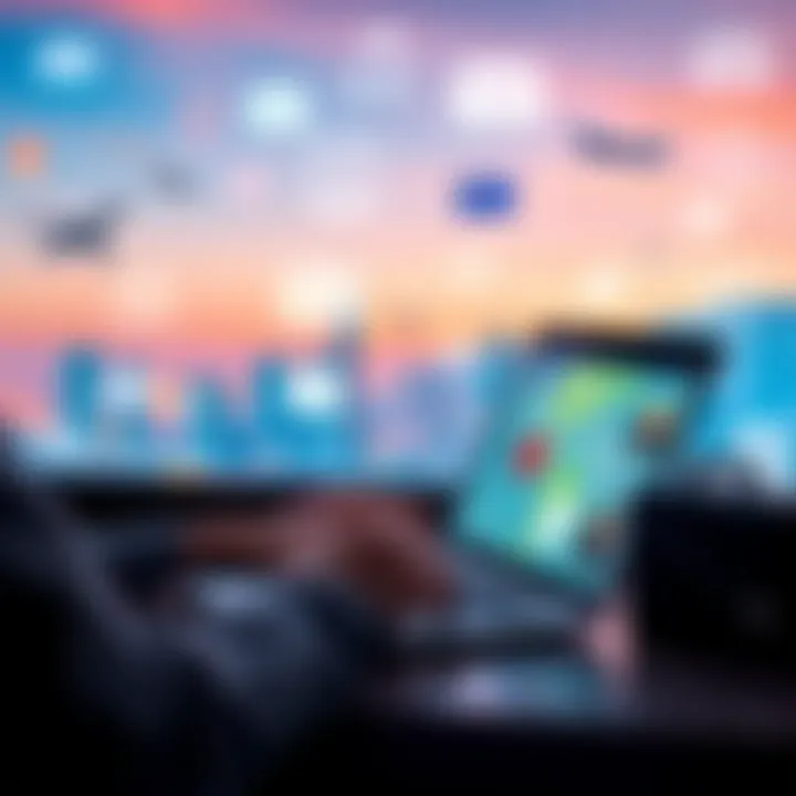 Person using a laptop to explore travel rewards from Revpockets and Amex Explora with travel-related graphics in the background