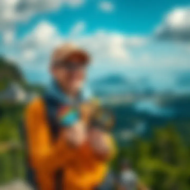 A traveler holding their newly earned badges in front of a scenic location, smiling with excitement about future adventures.