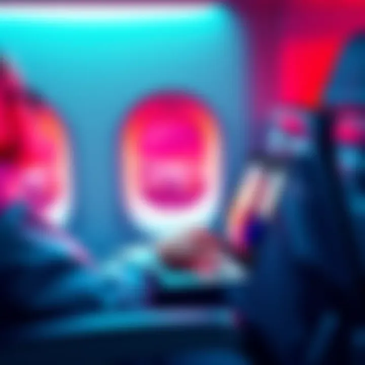 Traveler accessing in-flight wifi on a laptop to buy badges