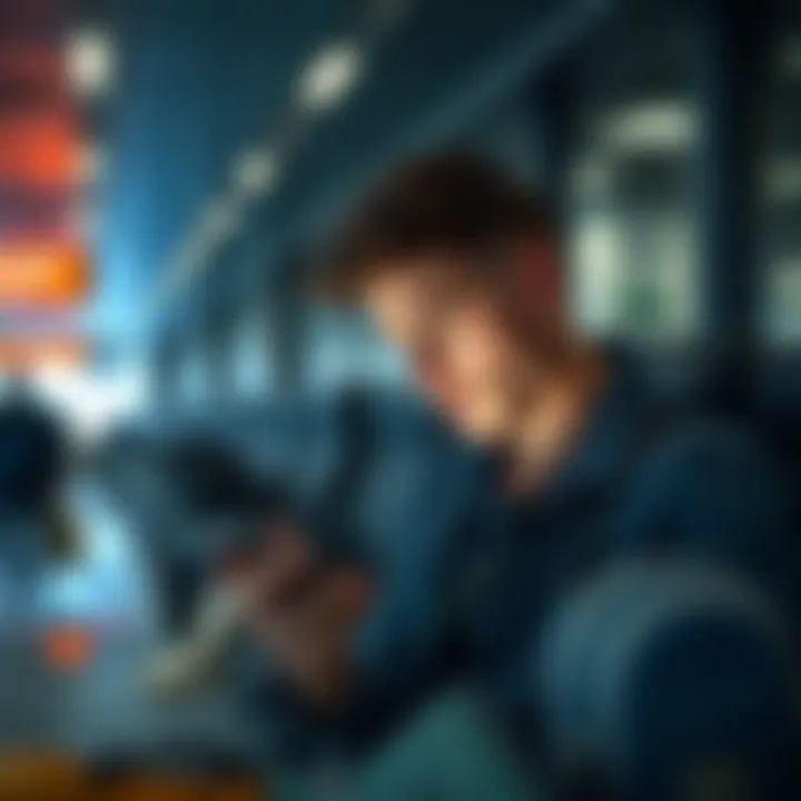 A frustrated traveler looking at their phone while seated at an airport, reflecting on money issues with mobile banking