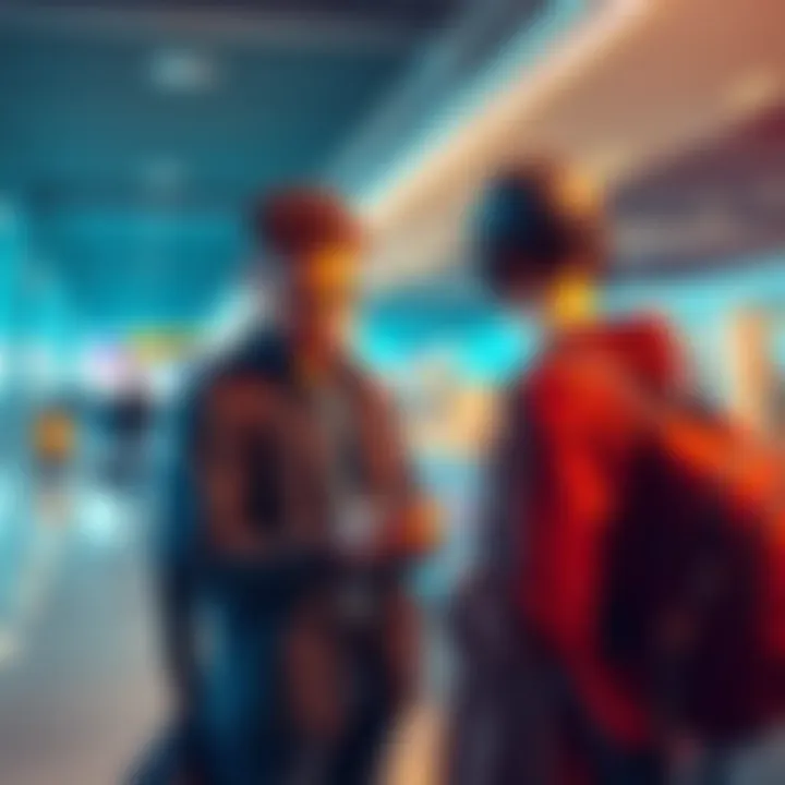 A traveler looks at a crypto app on their phone while standing near an airport check-in desk, concerned about a failed bank transaction.