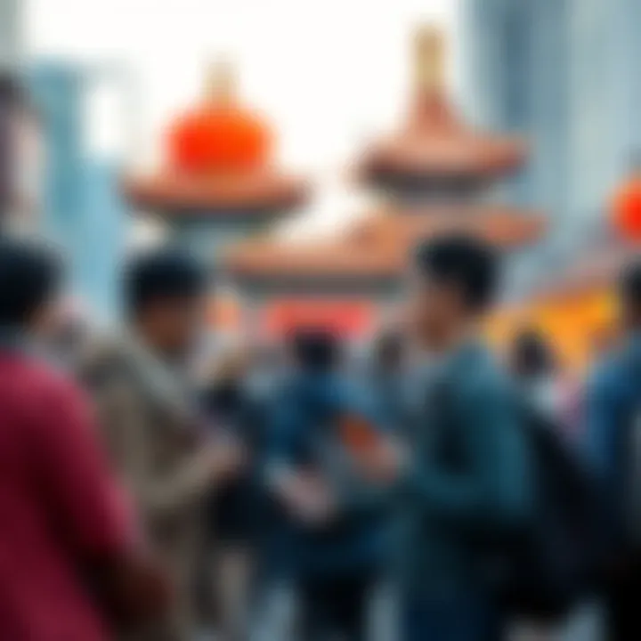 Travelers discussing payment options for China Group of travelers discussing whether to disable location security on their phones before a trip to China, with focus on mobile payment apps.