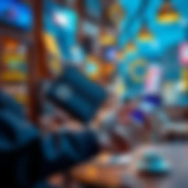 Traveling with Cryptocurrency A person holding a cryptocurrency wallet in one hand while using a phone to make a payment at a cafe abroad