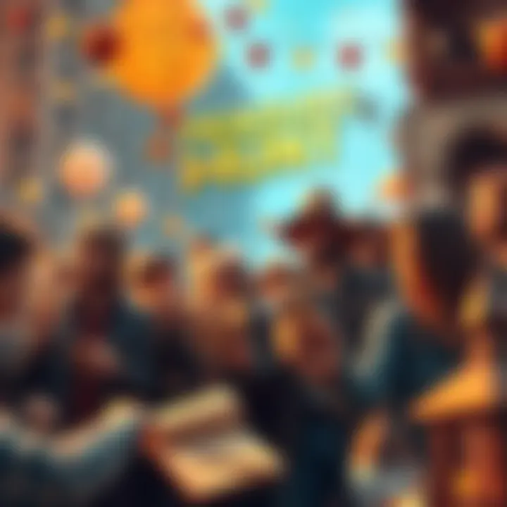 A group of people enjoying a treasure hunt, searching for BTC prizes with maps and clues in a festive atmosphere.