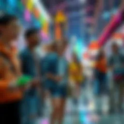 Trends in Modern Culture A vibrant scene showing young people engaging in various activities that reflect current cultural trends, like social media, fashion, and technology.