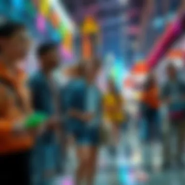 Trends in Modern Culture A vibrant scene showing young people engaging in various activities that reflect current cultural trends, like social media, fashion, and technology.