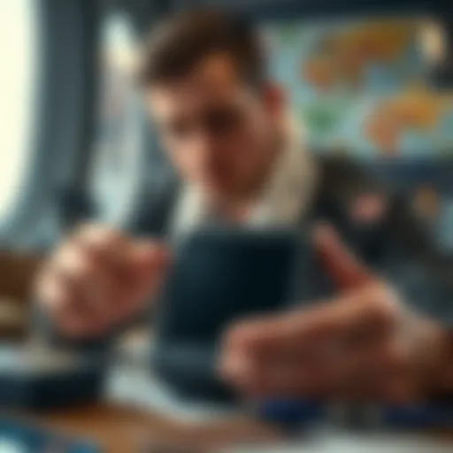 A close-up of a Trezor 7 crypto wallet with a dark screen, showing the device in a user's hands, looking concerned about the malfunction while sitting at a table with travel items.