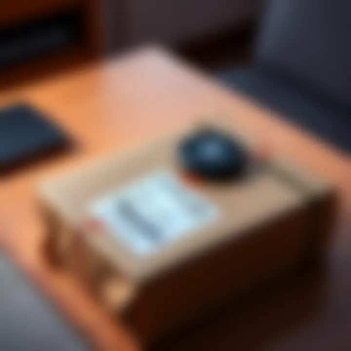 TREZOR Delivery Package A TREZOR device package on a delivery table with a tracking label, showing signs of delay