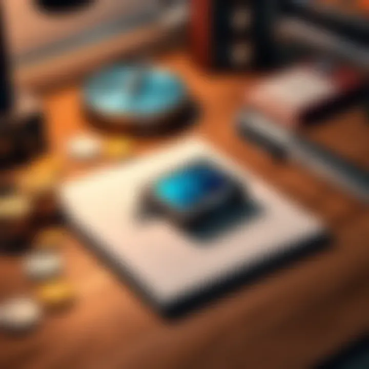 Trezor Hardware Wallet on a Desk A Trezor hardware wallet placed on a wooden desk surrounded by coins and a notepad, illustrating personal finance management.