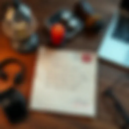 A handwritten letter from Trezor with a Pennsylvania postmark, resting on a wooden table, surrounded by curious items like a phone and a laptop.