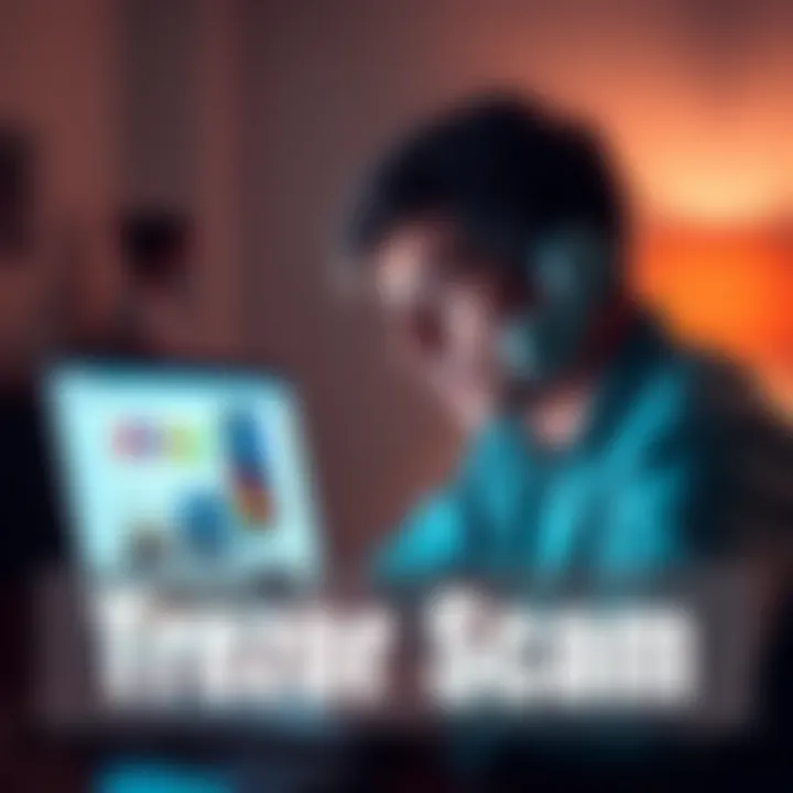 A person receiving a fraudulent phone call about Trezor wallets, looking confused with a laptop showing an eBay page in the background.