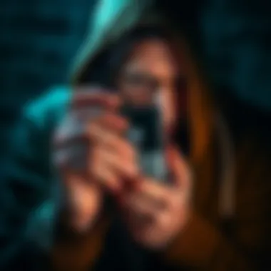 A person holding a Trezor hardware wallet with a worried expression, surrounded by dark shadows representing danger and threats.