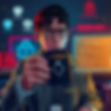 A person holding a Trezor wallet with a worried expression, surrounded by security icons and a computer screen showing warnings.