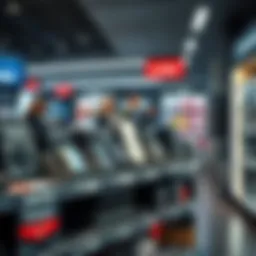 A Trezor hardware wallet showcased on a store shelf alongside Ledger products in a retail setting.