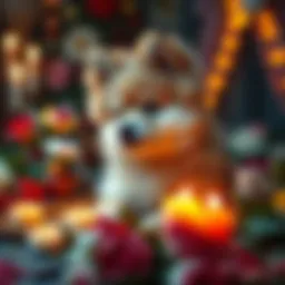 A heartfelt memorial with a photo of Tails Vosk, a fluffy dog surrounded by flowers and candles, symbolizing love and loss.