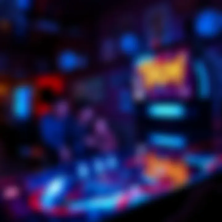 A close-up view of a Tron-themed pinball machine with bright neon colors and art from the Tron franchise, set in a cozy home environment with family members enjoying the game.