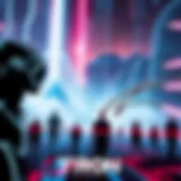 TRON: Legacy Movie Poster A futuristic scene from TRON: Legacy featuring glowing digital landscapes and characters in sleek costumes.