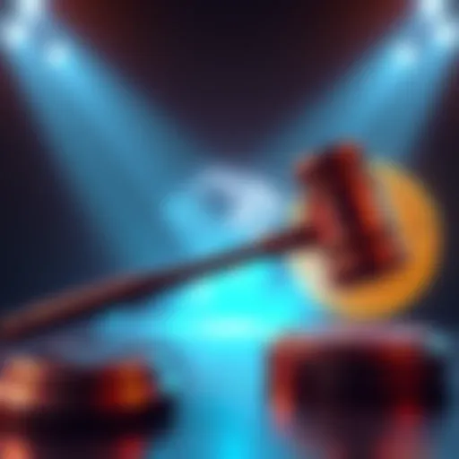 A gavel representing a court ruling in favor of Tron, with Bitcoin symbols fading in the background, symbolizing its struggles.