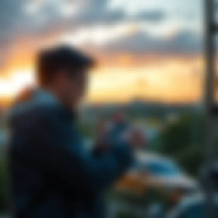 A person troubleshooting a Sensecap M1 device at an outdoor location, adjusting settings and checking connections.