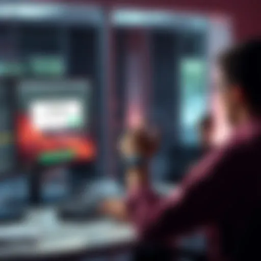 A person sitting at a desk, frustrated while looking at a computer screen displaying a broken survey error message