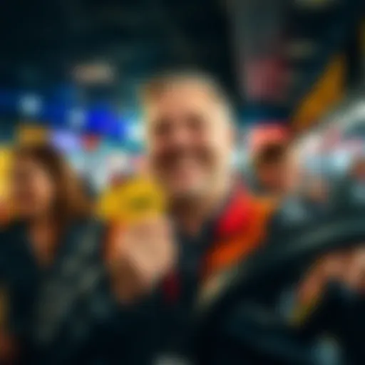 A truck driver smiles broadly, holding a $100 Club badge in their hand, surrounded by friends at an event.