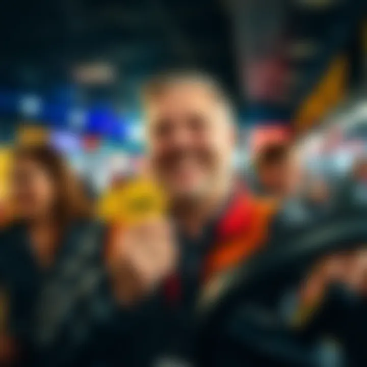 Truck Driver Celebrating Achievement A truck driver smiles broadly, holding a $100 Club badge in their hand, surrounded by friends at an event.