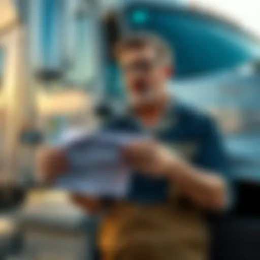 Truck seller concerned about title fraud A worried seller stands next to a truck, holding a bill of sale while looking at a title document, with a confused expression.
