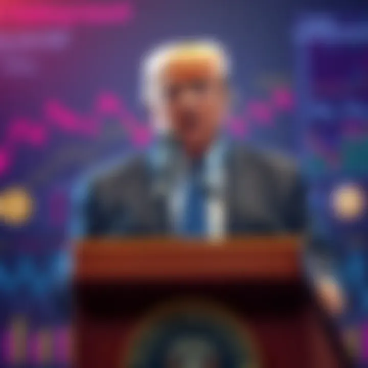 A Trump associate speaking at a podium with a bold expression, referencing crypto regulations, surrounded by charts and graphics representing cryptocurrencies.