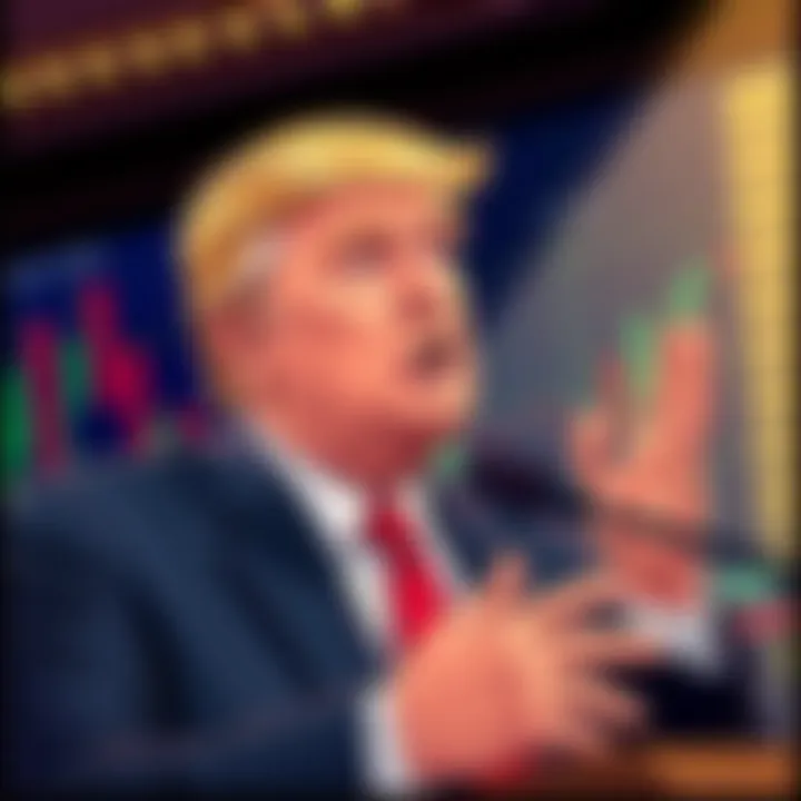 An illustration depicting Trump discussing capital gains tax reforms related to cryptocurrency and stablecoins with financial graphs in the background.