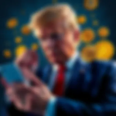Donald Trump holding a smartphone with digital currency symbols around him, looking thoughtful about his financial decisions.