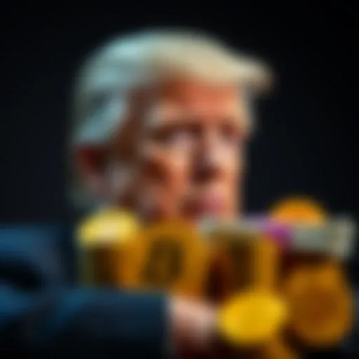 Donald Trump with a stack of dollar bills and cryptocurrency coins, symbolizing financial investment in crypto.