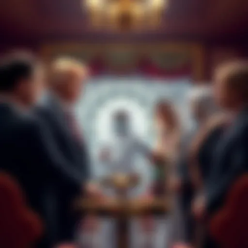 Donald Trump and family discussing a cryptocurrency deal with UAE officials at a formal event.