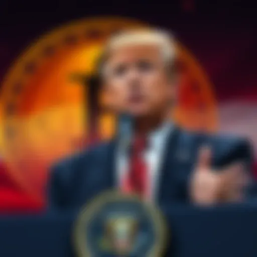 President Trump speaking at a podium with a Bitcoin graphic in the background