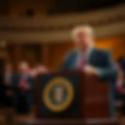President Trump speaks at a podium urging Congress to support the Clarity Act for cryptocurrency regulation, honoring Senator Lindsey Graham.