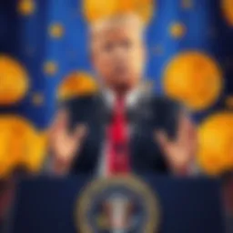 President Trump speaking at a podium with cryptocurrency symbols in the background