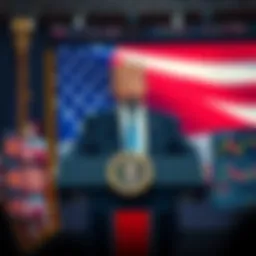 Trump standing at a podium announcing the cancellation of tariffs, with an American flag in the background and financial charts on screens