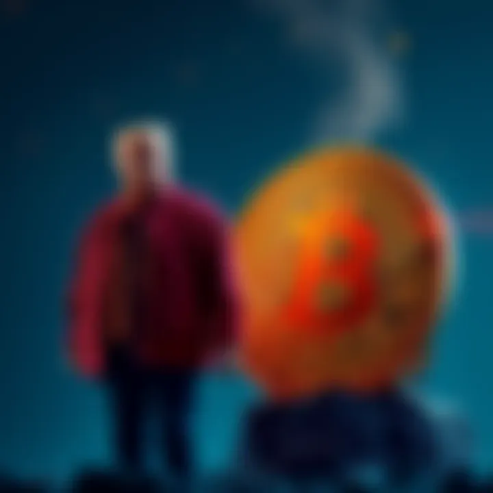 Donald Trump standing beside a giant Bitcoin symbol, looking at it with curiosity, representing the connection between his presidency and cryptocurrency.