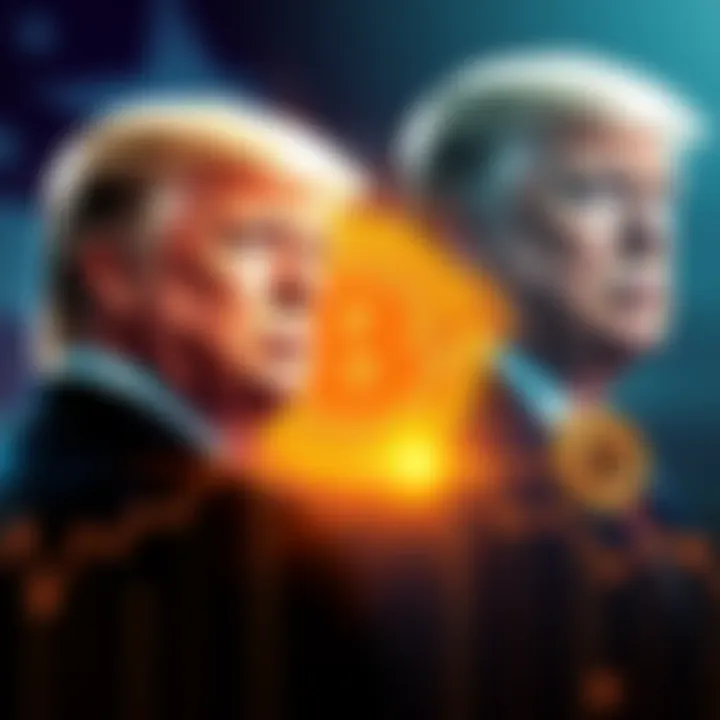 An illustration showing a graph with rising bitcoin values alongside images of Donald Trump, symbolizing economic growth and cryptocurrency in 2026.
