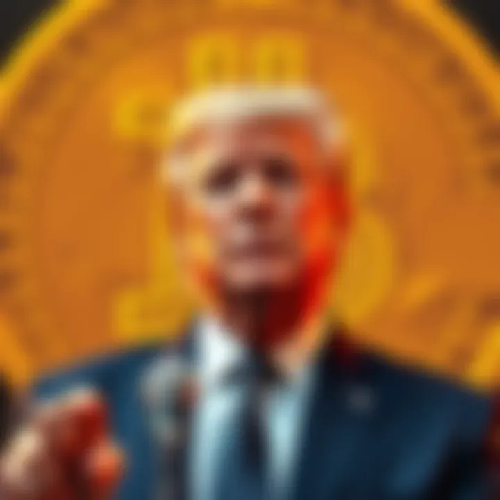 Donald Trump standing in front of a Bitcoin logo, symbolizing his support for cryptocurrency policies.
